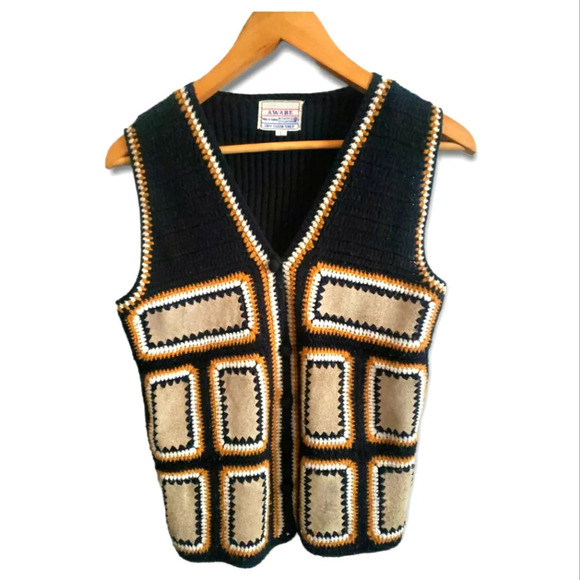 Vintage Sweaters - Aware Vest Women's Large Vintage Leather Knit Black/Beige Crochet Sweater